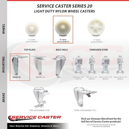 Service Caster 4 Inch SS Nylon Wheel Swivel Top Plate Caster Set with 2 Rigid SCC-SS20S414-NYS-2-R-2